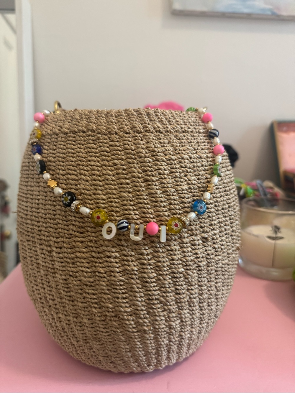 Colorful Beaded 'Oui' Necklace - Pink Accents